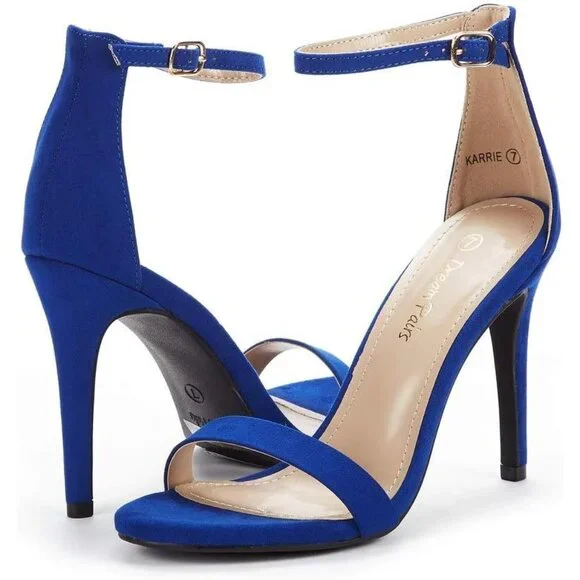 Women's Royal-Blue Flower Ankle Strap Stiletto Round Open Toe Stylish Heel